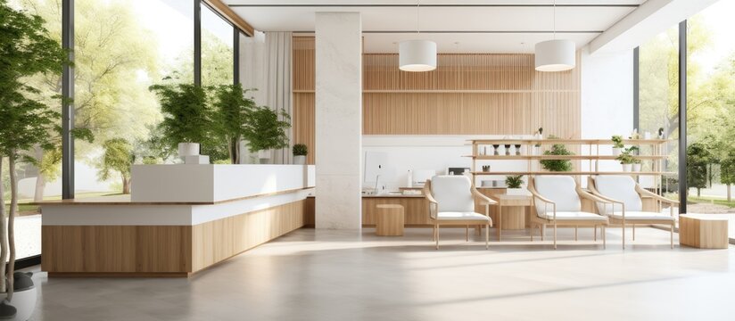 The dental clinic s minimalist interior with wood white marble and trees is both beautiful and comfortable With copyspace for text