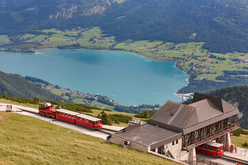 Mondsee lake and Schafberg train in Salzburg region. Austria, Europe