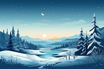 Fototapeta na wymiar Winter scenery with snow covered trees. Blue tones. Christmas background. Generative AI