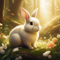 A bunny in a forest with fluffy hair in shades of brown and white, created with Generative AI technology