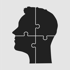 Man head made puzzle pieces, infographic process