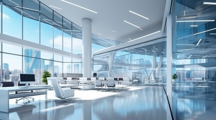 futuristic modern office building interior in urban city. ai generative - obrazy, fototapety, plakaty