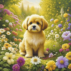 Golden retriever puppy in the garden, created with Generative AI technology