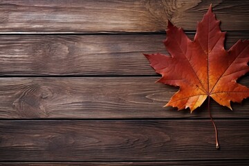 Naklejka na ściany i meble Autumn's Gentle Embrace: A Lone Maple Leaf on Rich Wooden Planks Showcasing Nature's Beauty. Generative AI