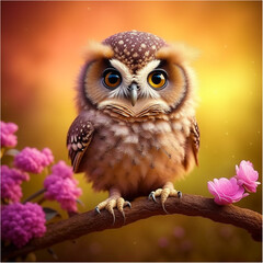 A tiny baby owl perched on a branch, created with Generative AI technology