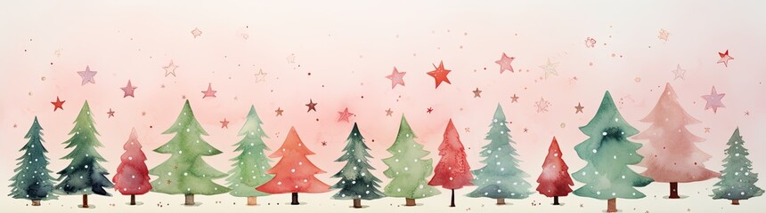 Obraz premium Xmas background. Christmas trees with colored stars falling. Generative AI