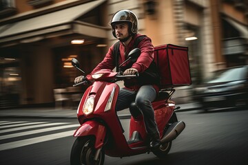 A delivery man rides a scooter on a city street. AI generated