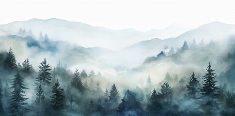Landscape with blue misty forest trees. Generative AI