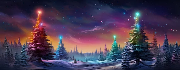 Fotobehang Magic colorful night landscape with pine trees and an amazing sky. Generative AI © Gelpi
