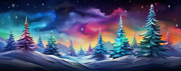 Magic colorful night landscape with pine trees and an amazing sky. Generative AI