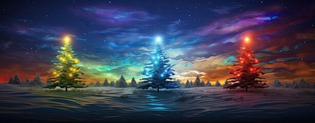 Magic colorful night landscape with pine trees and an amazing sky. Generative AI