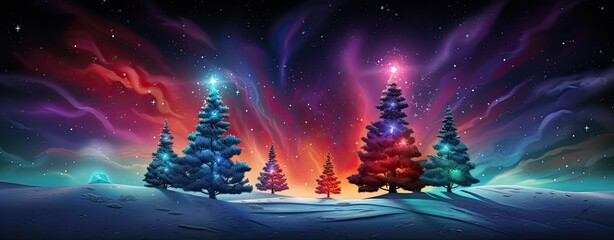 Magic colorful night landscape with pine trees and an amazing sky. Generative AI
