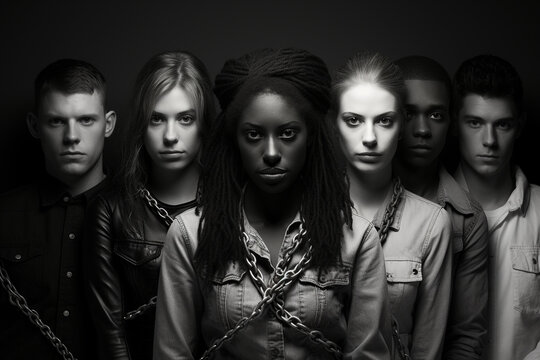 Black and white image of diverse people breaking chains for World AIDS day, symbolize the barriers and misconceptions associated with HIV/ AIDS