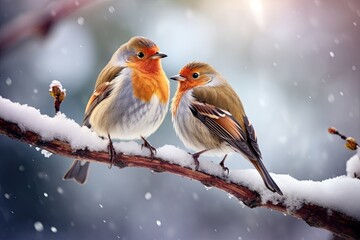 A couple of lovebirds perched on a tree branch, celebrating the Christmas. Generative AI