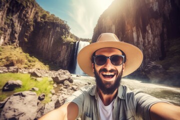 Male tourist visiting national park. Bearded traveler taking selfie photo. Generate ai
