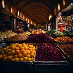 Fruits and vegetables at market. Generative AI.
