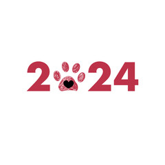 2024 text red paw prints. Merry Christmas greeting card