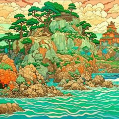 Sprite island rocks, beautiful house at the background, created with Generative AI technology