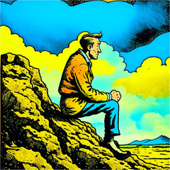 Man sitting on the rock, alone forever in sadness, stunning color scheme, created with Generative AI technology