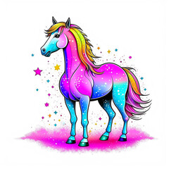 Pink pony standing surrounded by stars, created by Generative Ai technology