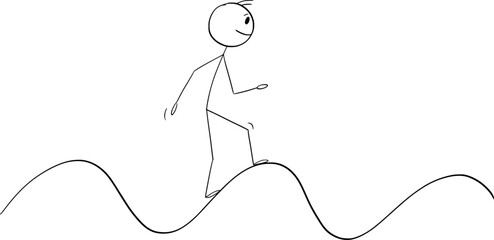 Person or Businessman Walking on Waves, Vector Cartoon Stick Figure Illustration