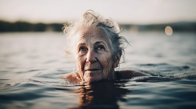 Elderly lady swimming through a lake - Generative A
