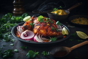 indian tandoori chicken with onions and herbs, roasted meat, copy space, generative ai - obrazy, fototapety, plakaty