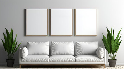 minimalistic living room with mock up of blank frames