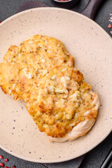 Delicious meat fried with Dijon mustard with salt, spices and herbs