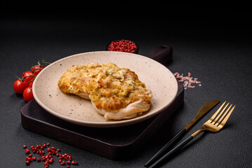 Delicious meat fried with Dijon mustard with salt, spices and herbs
