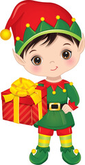 Vector Cartoon Cute Little Elf Boy with Gift Box