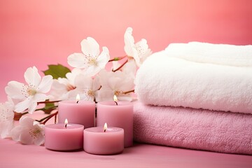 A clean and tranquil spa with towels, bath products and candles to promote health and relaxation.