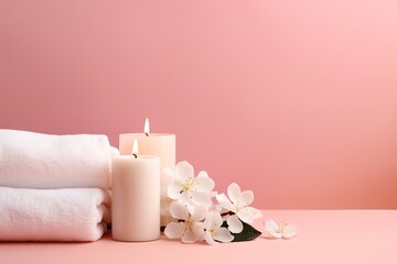 A serene spa environment with candles, white towels and flowers, providing relaxation, wellness and...
