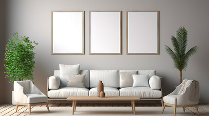 Fototapeta na wymiar minimalistic living room with mock up of blank frames