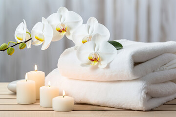 A tranquil spa environment with white towels, fragrant flowers and candles for pampering and...