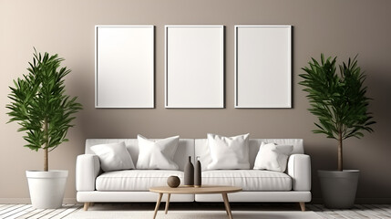 minimalistic living room with mock up of blank frames