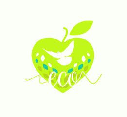 Eco symbol dove in a heart with leaves. Heart in the shape of an apple in vector. Flat style.