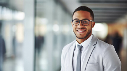 Happy smiling african businessman in glasses. business concept.