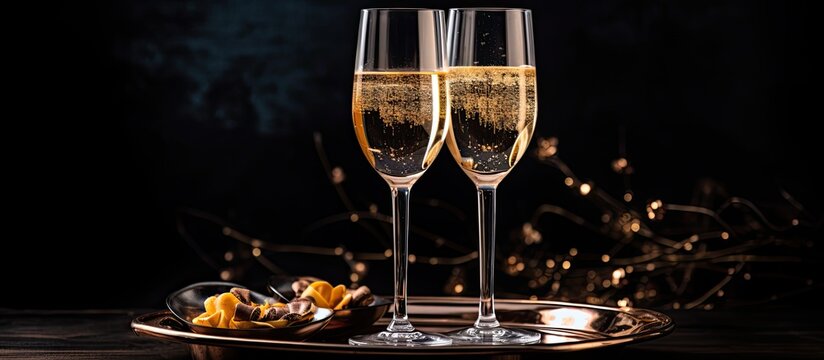 Party tray with champagne glasses With copyspace for text