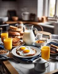 Delicious big breakfast with milk orange juice sunny side up pancake