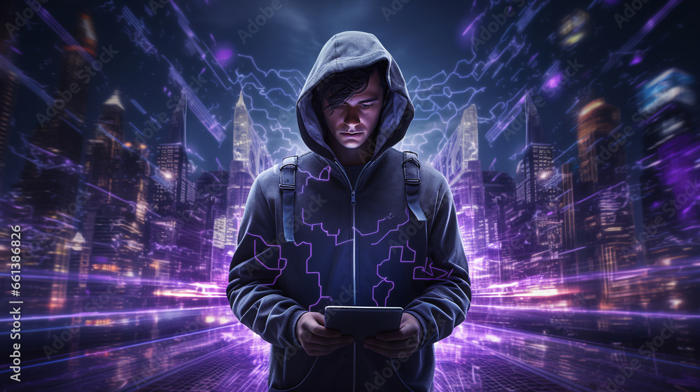 Aufkleber computer hacker in a hoodie on an abstract city background. data theft, internet fraud, darknet and 
