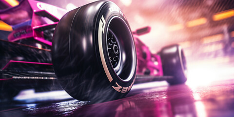 Close-up of the wheels of a racing car driving on a race track. copy space. ai generative - obrazy, fototapety, plakaty