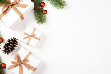 Christmas composition. Christmas gifts and pine branches on white background