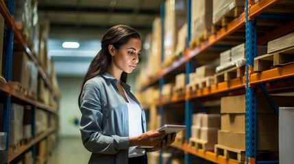 Smart warehouse management: Female employee or supervisor using digital tablet to check stock inventory