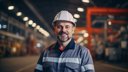 Portrait of Industry maintenance engineer man wearing uniform and safety hard hat on factory station. ai generative