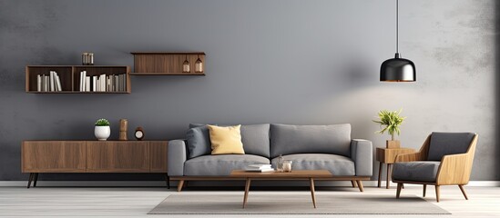 Modern wooden furnishings create a stylish atmosphere in the living room With copyspace for text