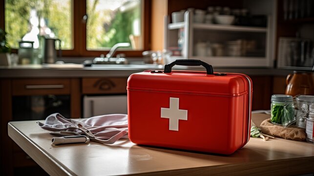 First aid kit in red box on wooden table with kitchen utensils and appliances in background. Concept of home safety and emergency preparedness