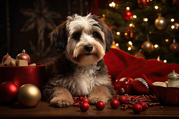 Cute dog wearing Santa hat in a Christmas background