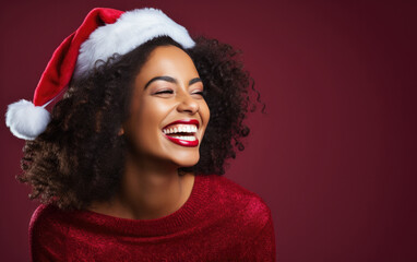 Smiling beauty girl wearing Santa red hat and color clothes celebrating Christmas on solid color background.