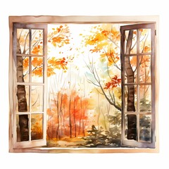 Window to autumn trees and forest, watercolor illustration.